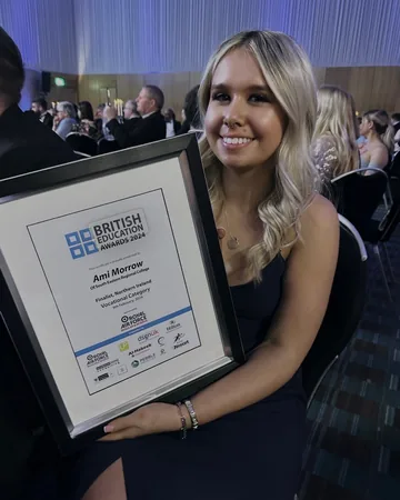 Ami at the British Education Awards 2024, holding her framed finalist certificate for the Northern Ireland Vocational Category