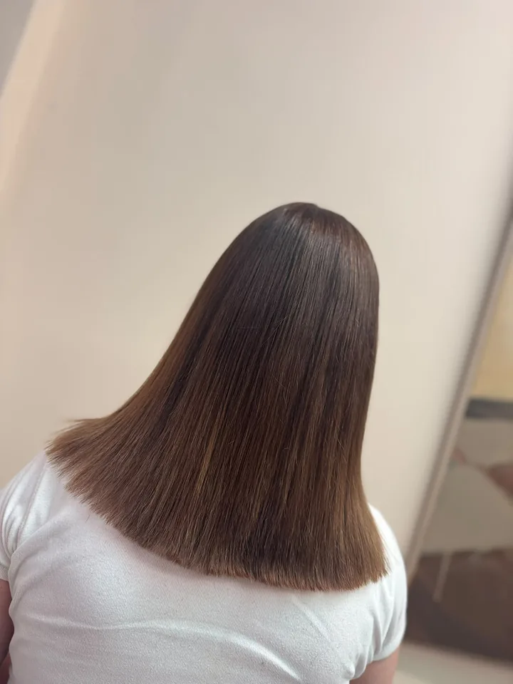 Rich brunette with a glossy one length cut