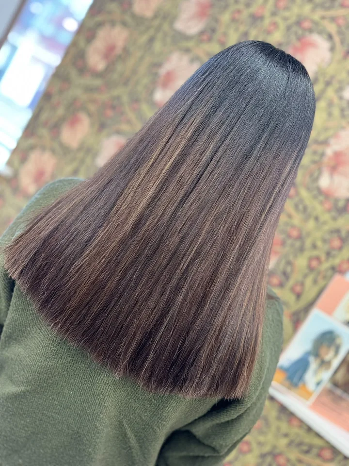 Sleek dark brown hair with a blunt finish